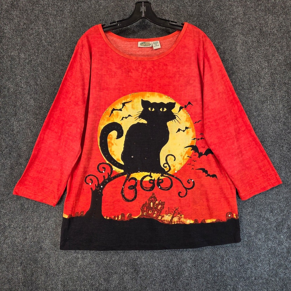 Collections Etc Halloween Black Cat Sequin Top Orange 3/4 Sleeve XL Retro‎ Vtg